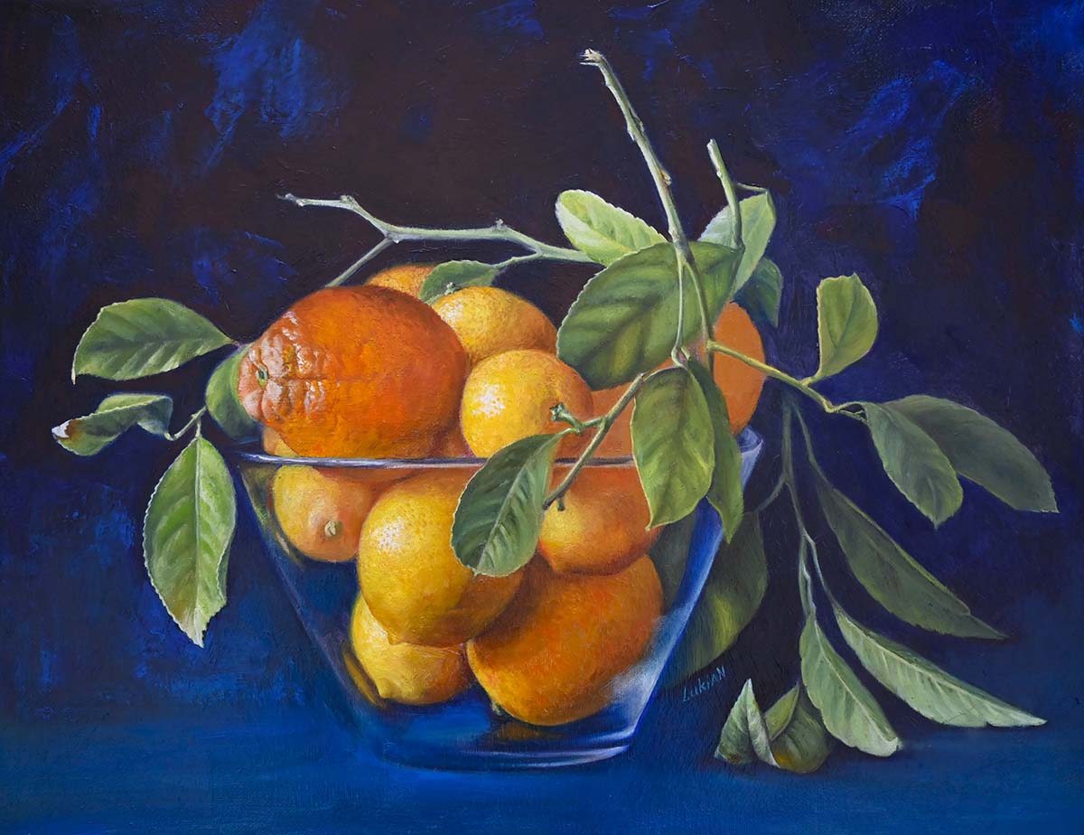 Oil painting Orange and Lemons in glass