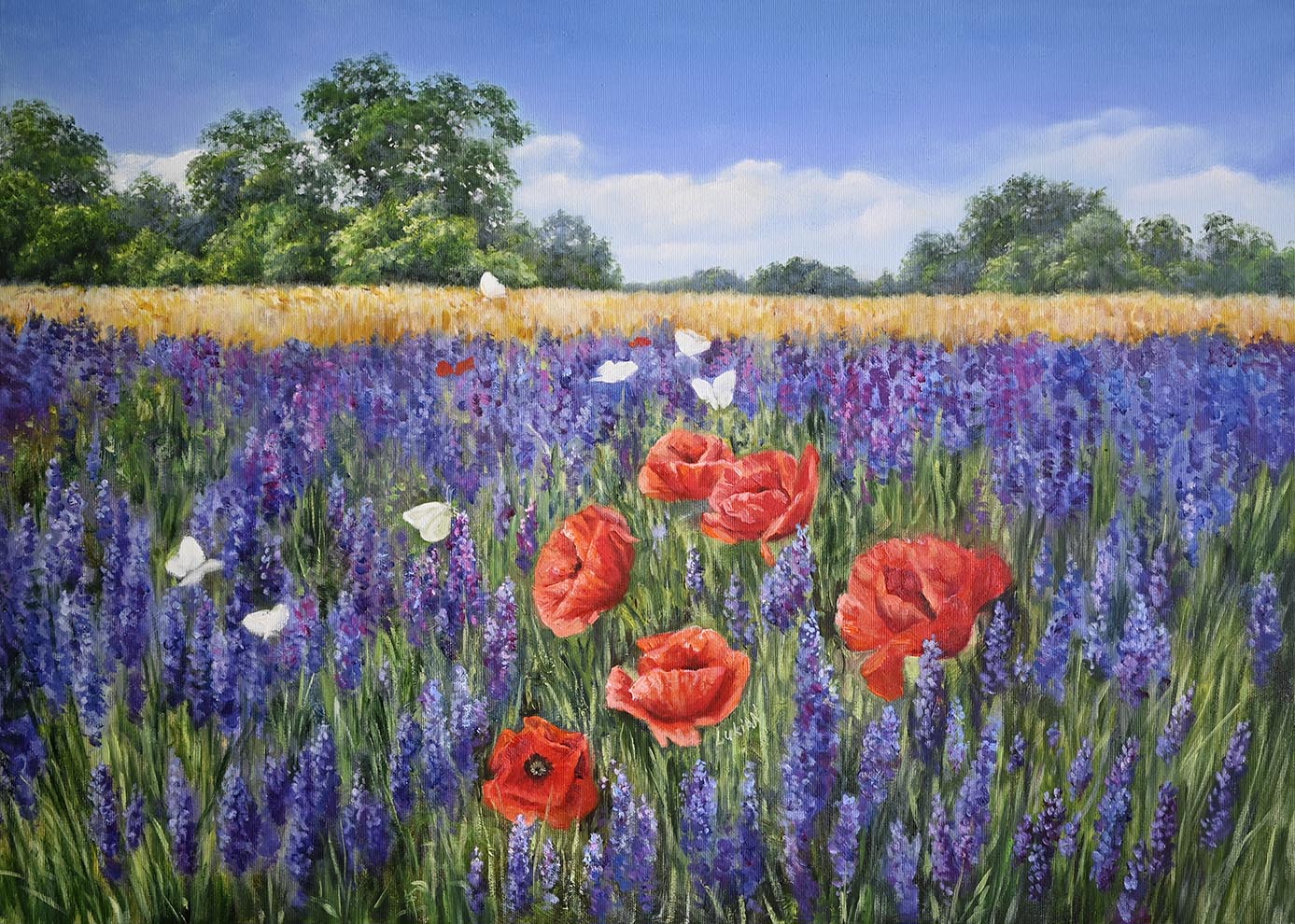 Original oil painting bu Lukian Lavanda Fields and Poppies