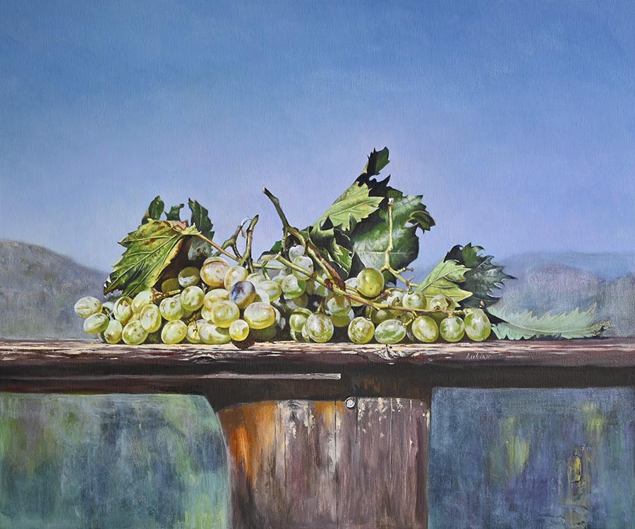 Original oil painting White grapes an Old Table Painting